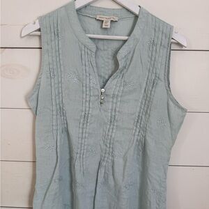 Sleeveless Embroidered Linen Top - Light Blue